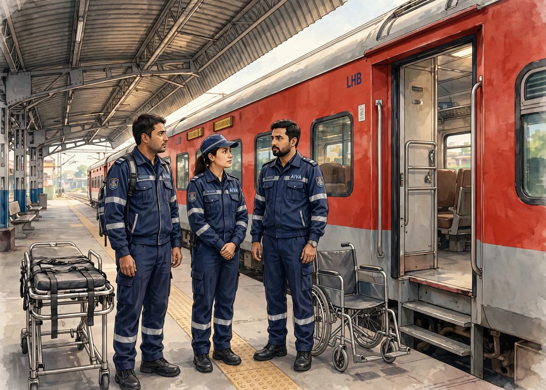 Step 2 — AIVA's crew waits at the coach position on the platform with a stretcher and oxygen