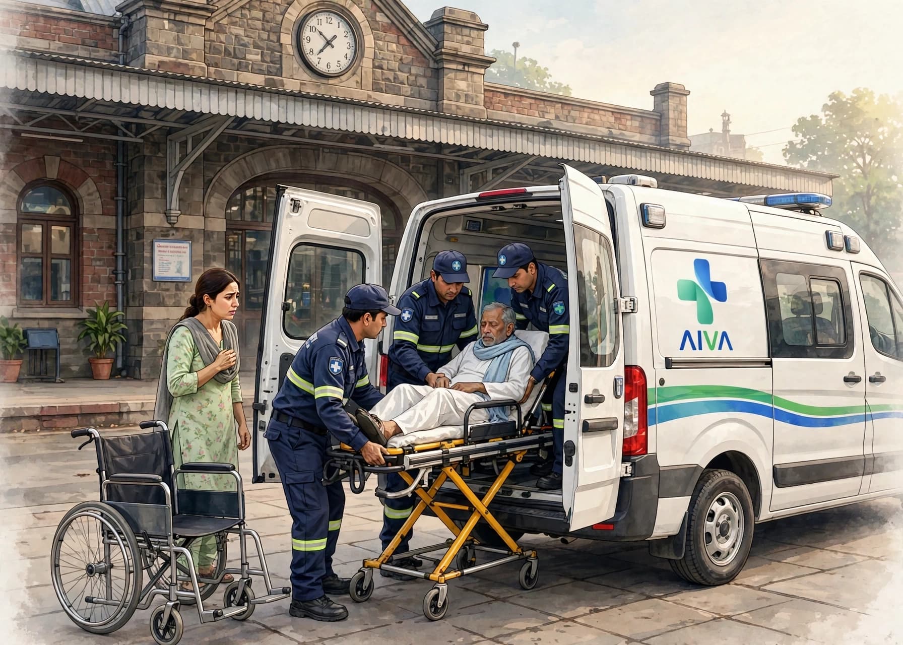 Step 4 — the patient is brought out to the AIVA ambulance for the onward journey