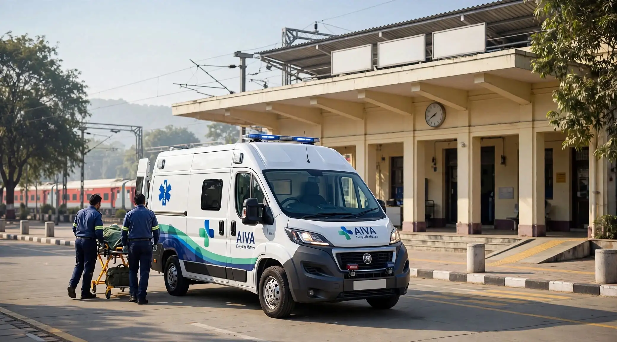 AIVA ambulance waiting to receive a patient arriving at a railway station